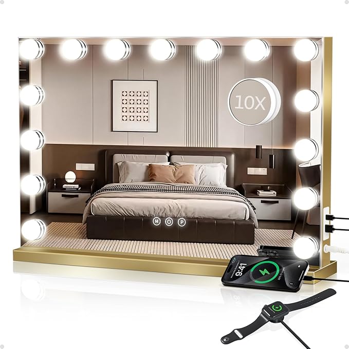 Hollywood Vanity Mirror with Lights, Lighted Makeup Mirror with 15 Dimmable Bulbs, 3 Color Lights, 10X Magnifier, USB/Type-C Charging, Metal Frame, Gifts for Women, Gold (23" W x 18" H)