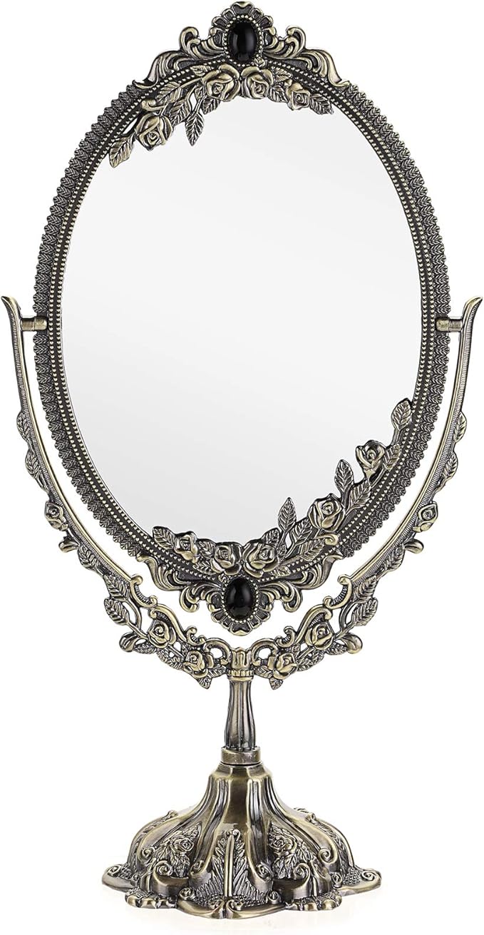JUXYES Metal Tabletop Antique Decorative Makeup Mirror with Stand, Vintage Swivel Double Sided Cosmetic Mirror with Frame, Retro Desktop Oval Dressing Mirror for Bathroom Bedroom