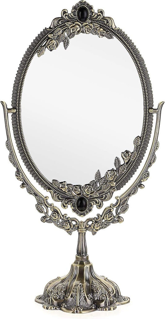 JUXYES Metal Tabletop Antique Decorative Makeup Mirror with Stand, Vintage Swivel Double Sided Cosmetic Mirror with Frame, Retro Desktop Oval Dressing Mirror for Bathroom Bedroom