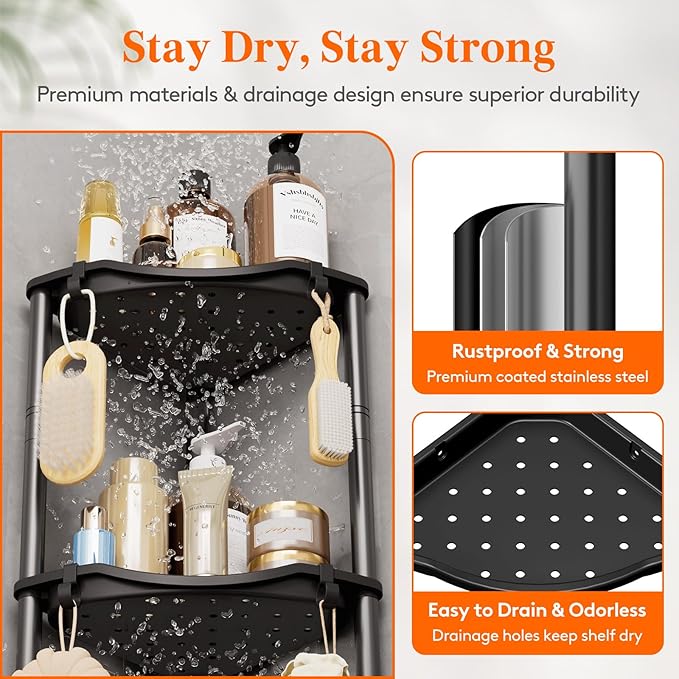 Lifewit Floor Standing Shower Caddy Corner, 3 Tier Plastic Shower Stand Rack with Adjustable Feet and Hooks, Rustproof Bathroom Shelf Organizer, Black, 34 x 24 x 75 cm/13 x 9.5 x 29.5 inch
