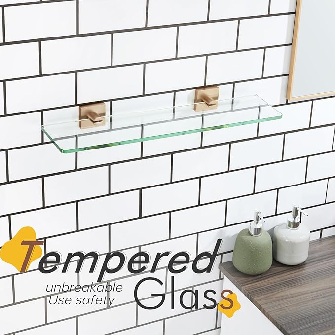 KOKOSIRI Tempered Glass Shelf 20-Inch Floating Wall Shelves for Bathroom Kitchen Shower Storage Decor Rack, Champagne Bronze Stainless Steel B1107CPG-L20