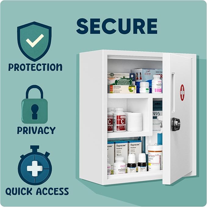 POKIPO Wall Mount Locking Medicine Cabinet, Empty Metal Medicine Storage Box with All-Metal Digit Lock, Bathroom Cabinet Organizer Over the Toilet, Keyless First Aid Box for Home School Business