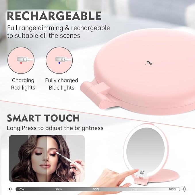 FUNTOUCH Travel Mirror with Light, 10X 1X Double Sided Magnification Rechargeable Mirror for Women Girls with 3 Color Setting Adjustable Rotation LED Vanity, Pink