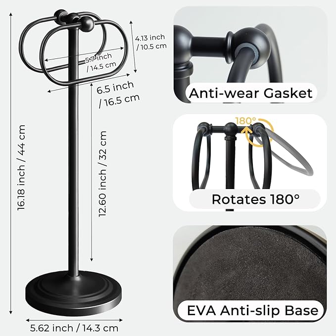 17 Inch Stainless Steel Hand Towel Holder Double Stand Hand Towel Ring for Washcloths or dishcloths Non-Slip Base Free Standing Towel Rack for Bathroom Kitchen (Black)