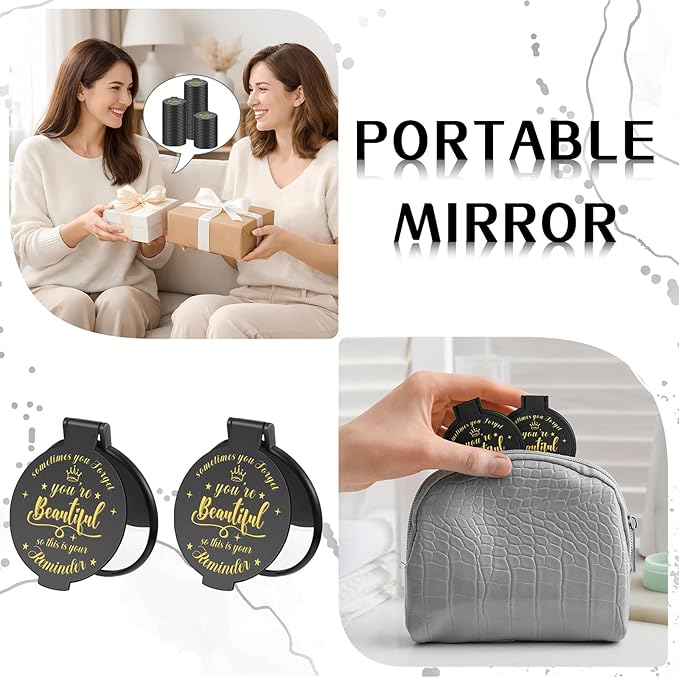 72 Pcs 2.76 Inch Inspirational Compact Mirror Bulk Women Small Gifts Graduation Party Favors Purse Mirror Pocket Mini Stuffer Items for Adult Coworker Cheerleader Employee (Black)