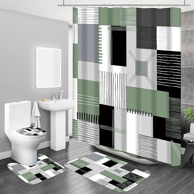 All Smiles Sage Green Shower Curtain Sets with Non-Slip Rugs,Toilet Lid Cover and Bath Mat, Black and Green Bathroom Decor Set Accessories Waterproof Shower Curtains