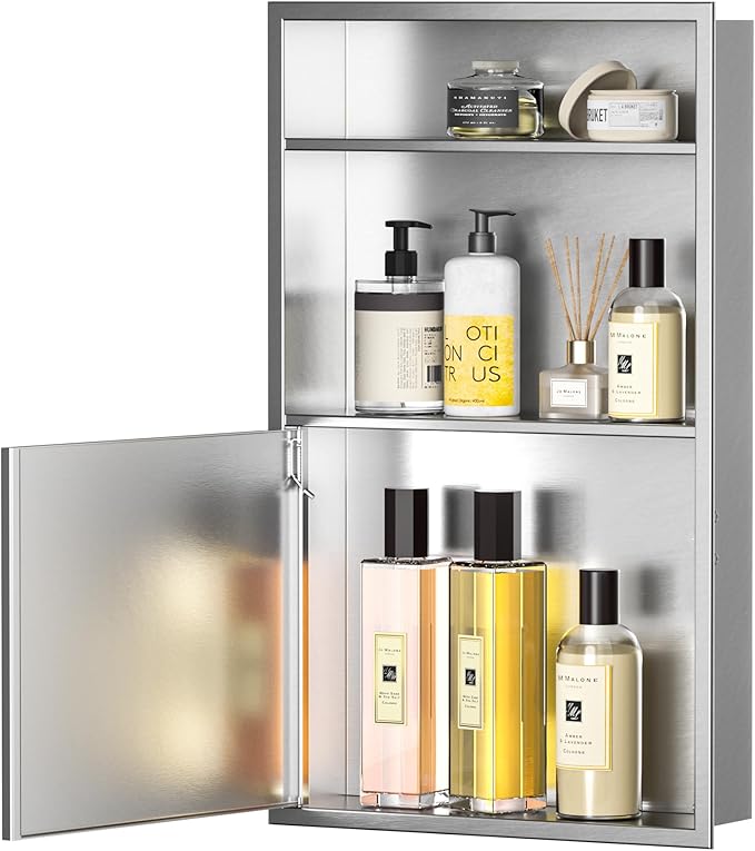 Recessed Medicine Cabinet with Door 24" X 14" Brushed Wall Medicine Cabinets with 3-Tier Shelf 304 Stainless Steel Niche Shower for Bathroom Storage