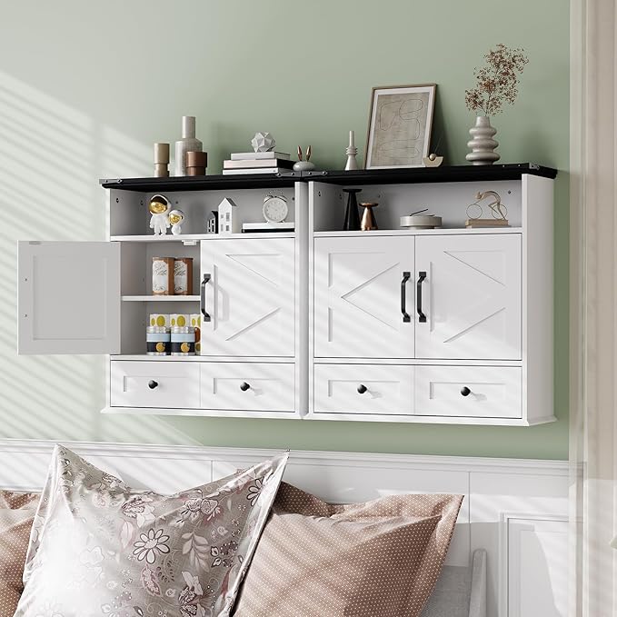 Farmhouse Wall Mounted Medicine Cabinet with Adjustable Shelves, Double Barn Doors & Removable Drawer - Rustic Bathroom Over The Toilet Storage Cabinet for Bathroom, Kitchen, Hallway