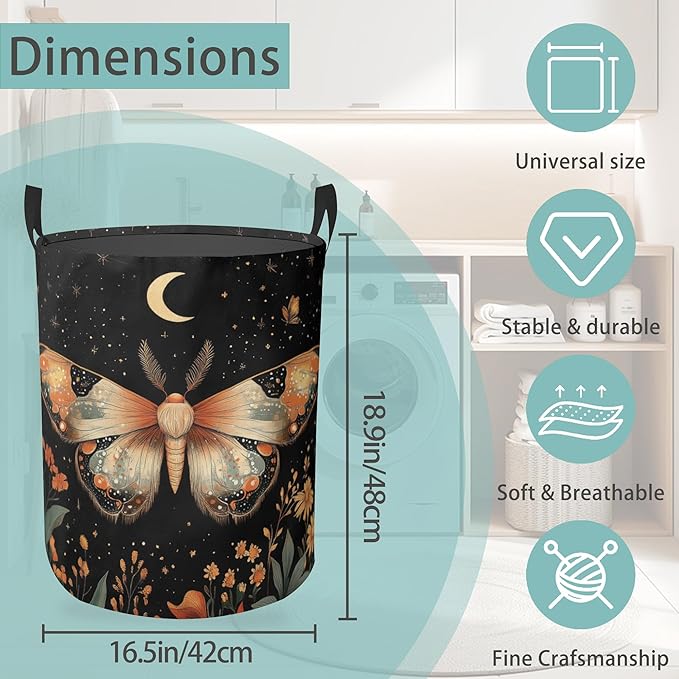 Starry Night Moths Butterfly Round Laundry Basket Collapsible Laundry Hamper with Handles Toys Clothes Organizer Bin For Home Bathroom Bedroom Dorm Nursery