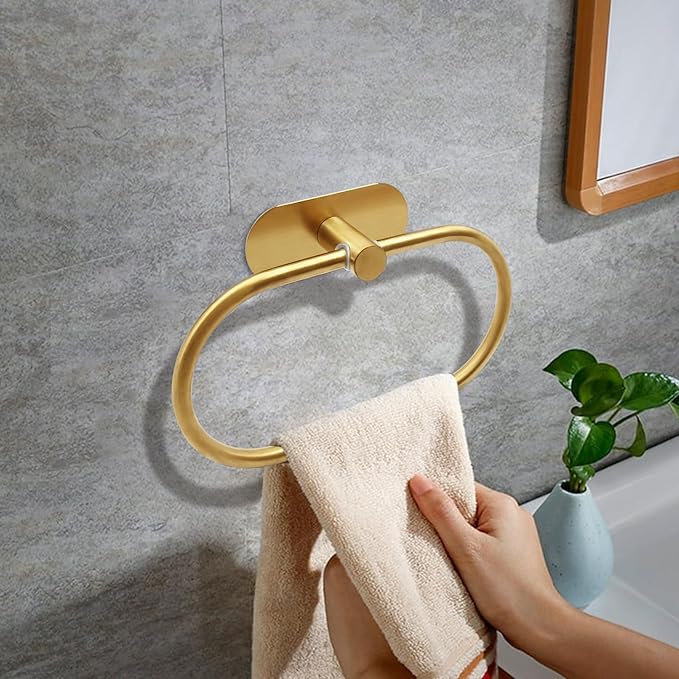 Self Adhesive Towel Ring, Brushed Gold Adhesive Hand Towel Holder Stainless Steel Oval Hand Towel Ring No Drilling Modern Hand Towel Hanger for Bathroom Kitchen Accessories