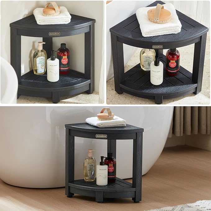 KaimuBench Shower Bench for Inside Shower, Poly Lumber Corner Shower Stool, Plastic Bathroom Bench Seat for Shaving Legs, Shower Chair Seat, Shower Foot Rest with Adjustable Feet, Non-Slip, Black