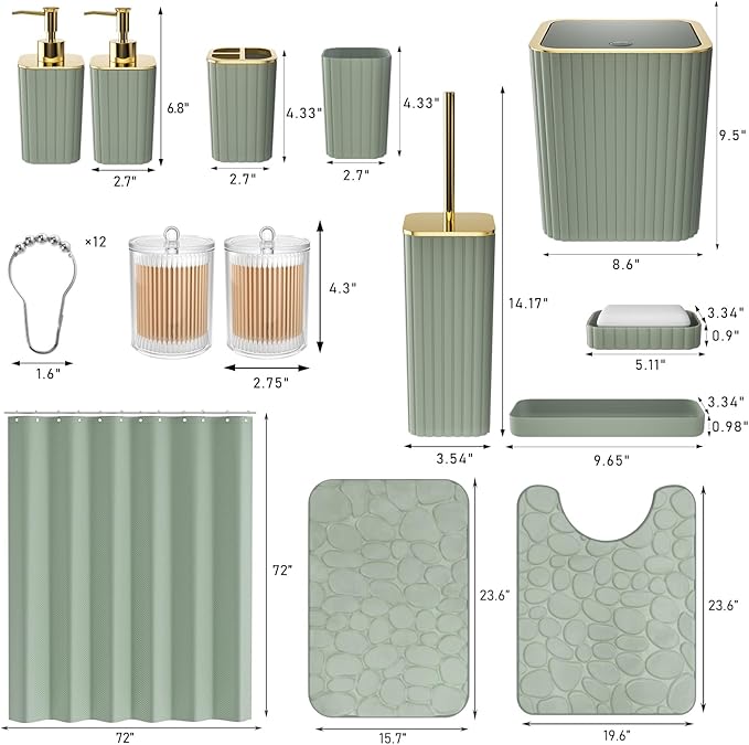 XLHOMO Bathroom Accessories Set - 25PC Sage Green Bathroom Set, Bathroom Set with Shower Curtain and Rugs, Sage Green Shower Curtain Set, Bathroom Accessory Set, Trash Can & Soap Dispenser