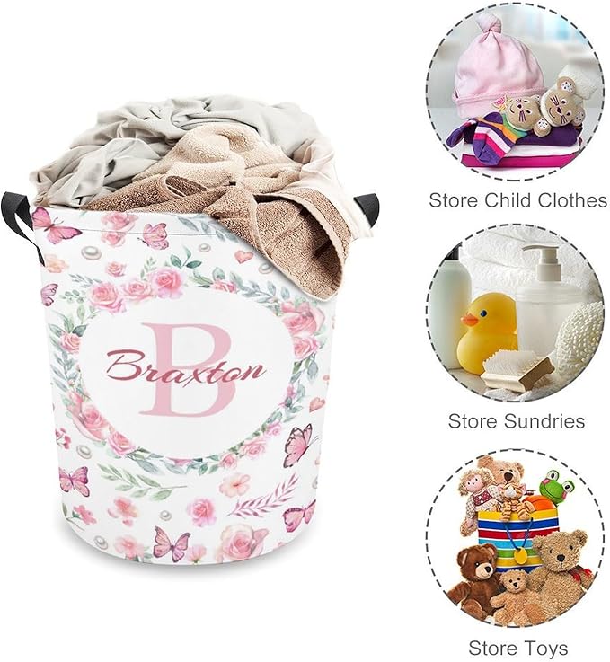 Custom Name Laundry Baskets,Personalized Butterfly Laundry Hamper for Kids Baby Adults,Collapsible Clothes Storage Organizer,One Size