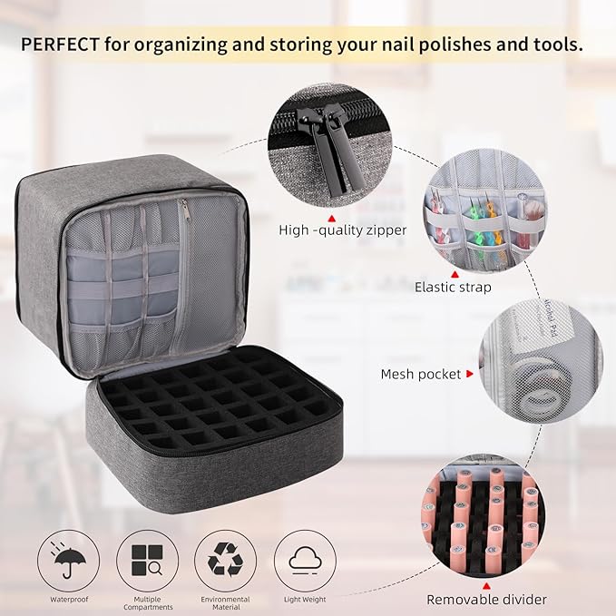 Travel Nail Polish Organizer, Holds 30 Bottles (15ml), Double-layer Nail Polish Carrying Case, Large Capacity Portable Storage Bag for Nail Varnish and Manicure Set