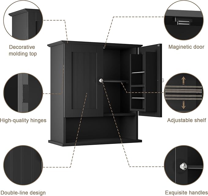 ChooChoo Kitchen Cabinet Wall Mounted, Laundry Room Cabinet with Door Shelves, Bathroom Wall Cabinet with Adjustable Shelf, Medicine Cabinet for Bathroom, Kitchen, Laundry Room, Black