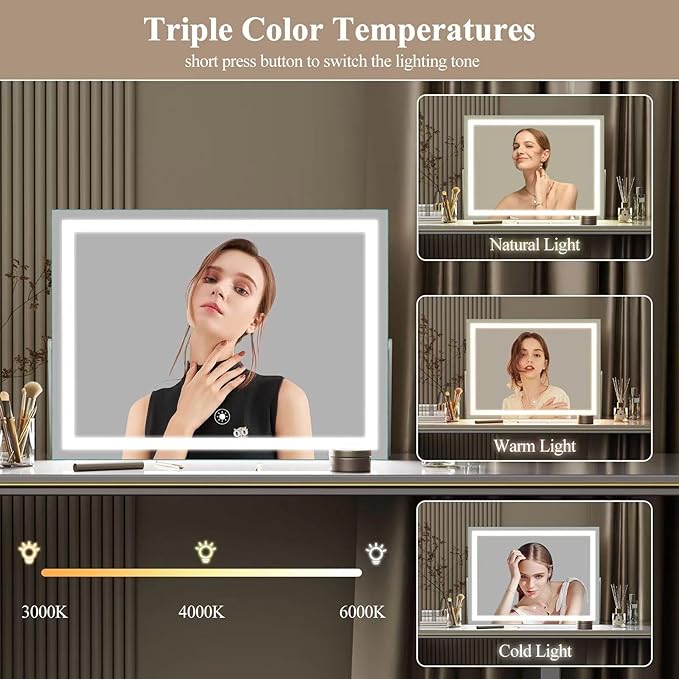 Gvnkvn Ligheted Vanity Mirror with Lights, 14" x 12" LED Makeup Mirror, Hollywood Mirror,3 Modes Light, Smart Touch Control Dimmable, 360°Rotation, Rectangle Gold Frame