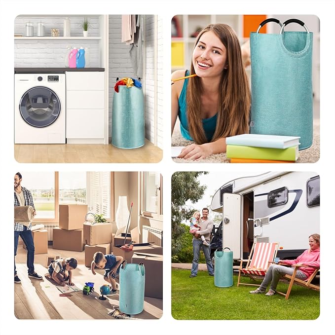 Laundry Hamper Bag, Tall Laundry Basket with Handles, Collapsible Colthes Hamper with Aluminum Handles, Heavy Duty Clothes Hamper for Girls, Dorm, Bedroom, Durable Double Layer. Light Blue
