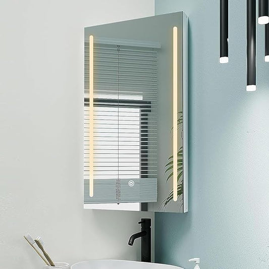 Corner Medicine Cabinet Mirror with Lights,Lighted Medicine Cabinet with Mirror,Led Mirror Cabinet for Bathroom,14x 24 Small Corner Wall Cabinet,White