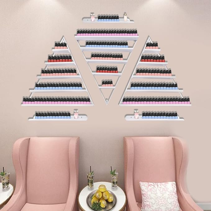6PCS Triangular Wall-Mounted Nail Polish Racks, White 5-Tier Nail Polish Shelves, Heavy-Duty Cosmetic Display Cases with Raised Edges for Nail Salon, Home, Shop Use