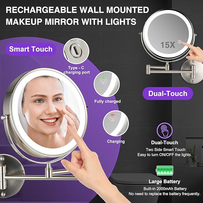 GREENFROM Magnifying Mirror with Lights 1x/15x: 8.5" Double Sided Wall Mounted Lighted Makeup Mirror for Bathroom, Brushed Nickel