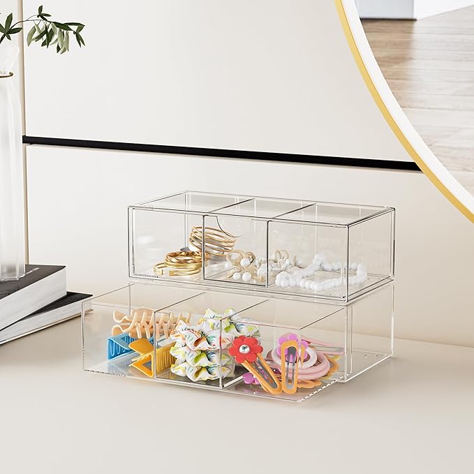 Hair Accessories Organizer for Girls, Clear Hair Bow Tie Clip Scrunchie Holder Organizer with Removable Divider, Cute Small Stackable Storage Drawer Container Caddy Box, Kids Women Vanity Accessories