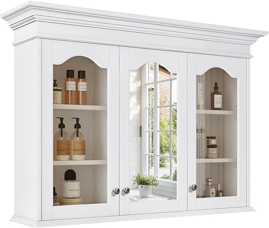 Merax Wall Mounted Bathroom Medicine Cabinet with Mirror, 40" x 28" Bathroom Wall Cabinet with Storage, Glass Doors and Adjustable Shelves, Mirrored Door Over The Toilet Storage Cabinet