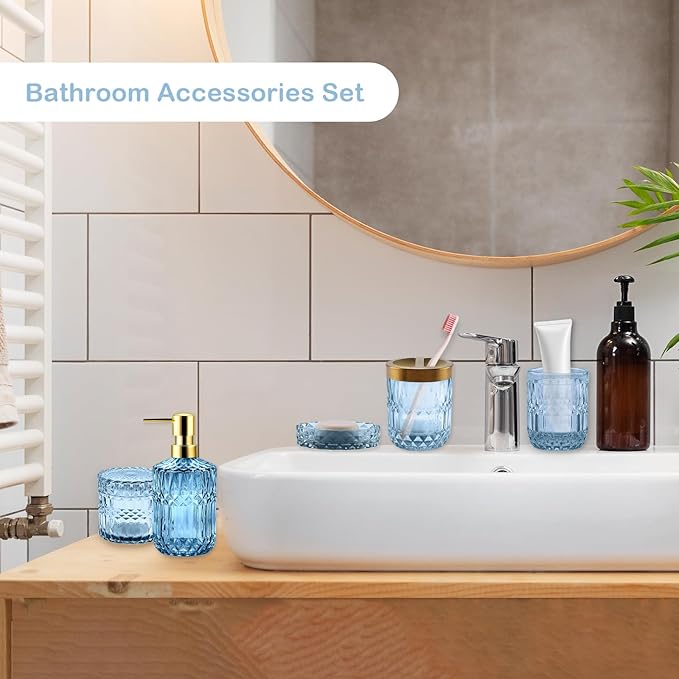 5Pcs Blue Bathroom Accessories Set, Glass Bathroom Accessories, Vintage Bathroom Countertop Decoration Includes Soap Dispenser, Toothbrush Holder, Qtip Holder,Soap Dish and Rinsing Cup