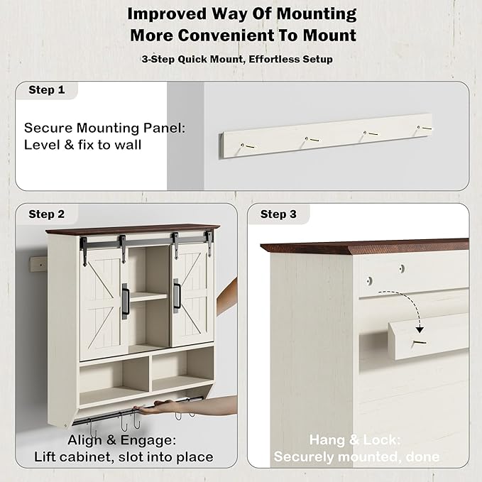 RUSTOWN Farmhouse Bathroom Wall Cabinet,3-Tier Rustic Wood Wall Mounted Cabinets,Vintage Medicine Cabinet with Sliding Barn Door and Adjustable Shelves,Over The Toilet Storage Cabinet (Vintage White)