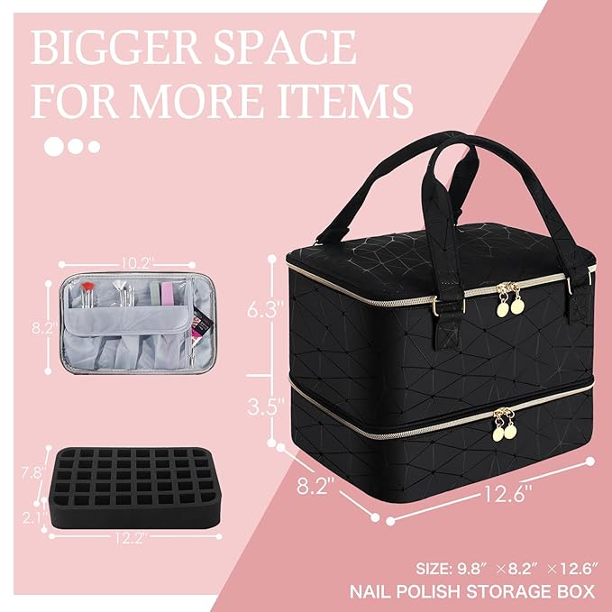 FCQQYWZ Nail Polish Organizer Case Hold 40+ Bottles (15ml/0.5 fl.oz) and Led Nail Lamp, Nail Supply Organizers and Storage for Nail Tech, Nail Dryer Case Nail Polish Bag Nail Kit Organizer (BLACK)