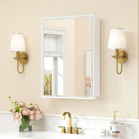 Keonjinn 20" x 26" White Medicine Cabinets for Bathroom with Mirror, Recessed or Surface Wall-Mounted Aluminum Alloy Framed Beveled Mirror, Single Door Farmhouse Bathroom Mirror with Storage Cabinet