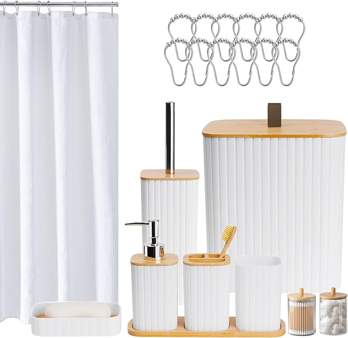 Bathroom Set - 22PCS Bathroom Accessories Set Trash Can Toilet Brush Holder Set Soap Dispenser Bathroom Accessory Set with Shower Curtain Bathroom Decor Set for Home, Restroom