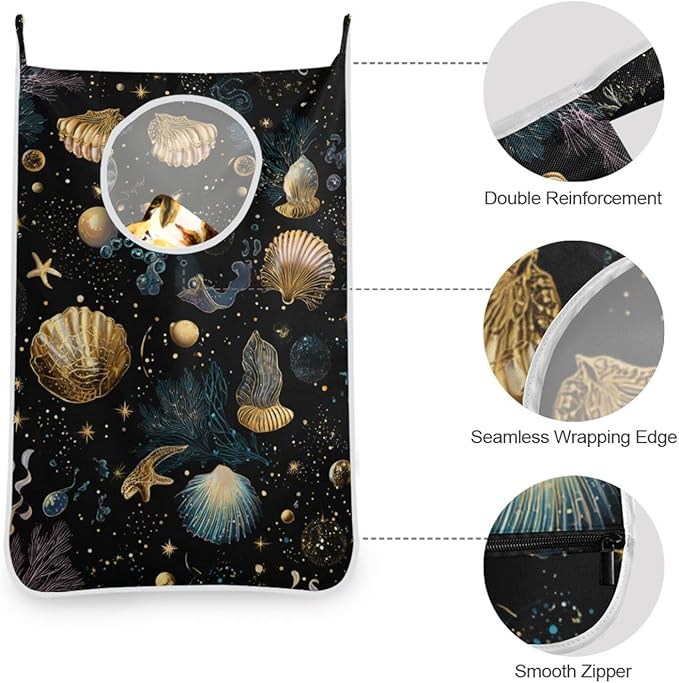 Shell Starfish Black Hanging Laundry Hamper Door Hampers Bag Basket with Stainless Steel Hooks Oxford Fabric Printing Decorative Clothes Bags 29.5X20inch 1Pack