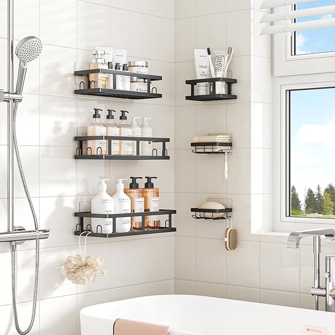 Youvip Shower Caddy 6 Pack, Adhesive Shower Shelves with Soap Holder, No Drilling Rustproof Large Capacity Bathroom Organizers and Storage, Silver