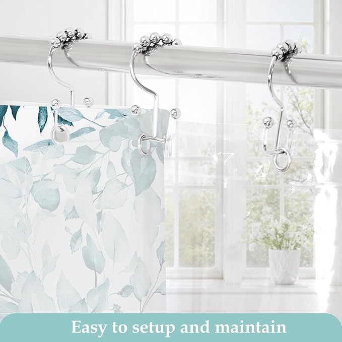 Gibelle 3 in 1 Shower Curtain Set, 72x72 SpaBlue Eucalyptus Bath Curtain and PEVA Liner Set with 12 Metal Hooks, Waterproof Fabric Bathroom Curtain
