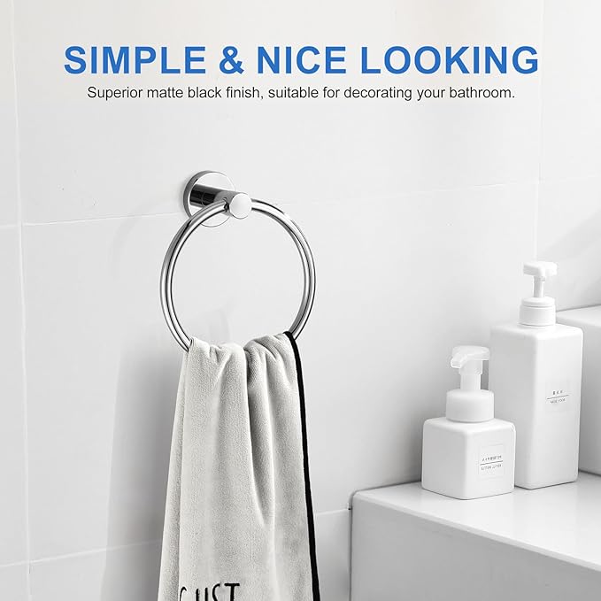 RUMOSE Polished Chrome Bath Towel Ring Heavy Duty Round Hand Towel Holder Hanger for Bathroom & Kitchen, Stainless Steel Drill Free with Glue or Wall Mounted with Screws