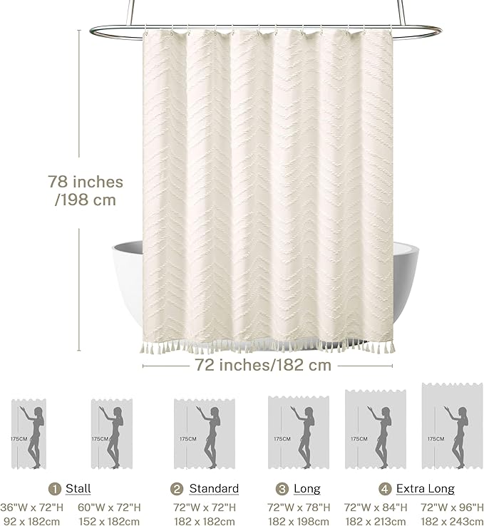 Farmhouse Boho Shower Curtain, Woven Fabric Cream Long, 72 x 78, Tufted Chevron Striped Modern Chic Textured Minimalist Bathroom Curtain