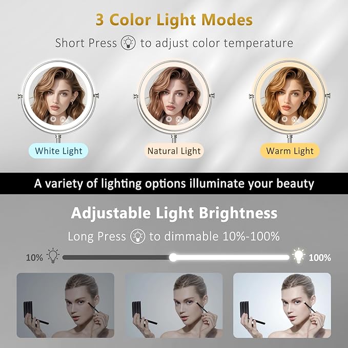 Lighted Makeup Mirror,4000mAh Rechargeable Double Sided Magnifying Mirror 1x/10x with 3 ColorsStepless Dimming, 360° Rotation Vanity Mirror with Lights, Memory Function,Nickel