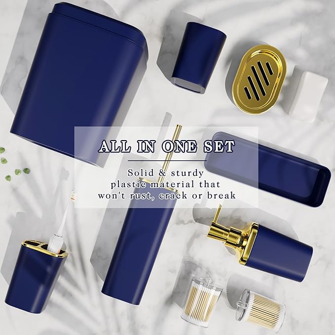 XLHOMO Bathroom Accessories Set - Luxury Blue Bathroom Set, 9 Pieces Bathroom Accessory Set, Navy Blue Bathroom Accessories with Trash Can, Toilet Brush & Soap Dispenser