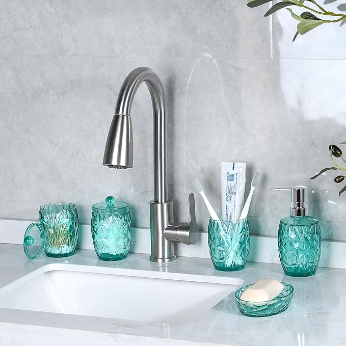 Shatterproof Acrylic Teal Blue Bathroom Accessories Set – Glass-Free, 5-Piece Vanity Set with Lotion Soap Dispenser, Toothbrush/Makeup Brush Holder, 2 Dust-Proof Cotton Jars, and Soap Dish