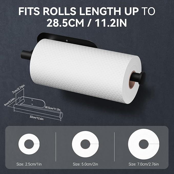 Auxmir Paper Towel Holder Under Cabinet, Self Adhesive Paper Towels Rolls Racks for Kitchen, Wall Mount Thicken Stainless Steel Rustproof, Both Available in Adhesive and Screws for Bathroom RV, Black