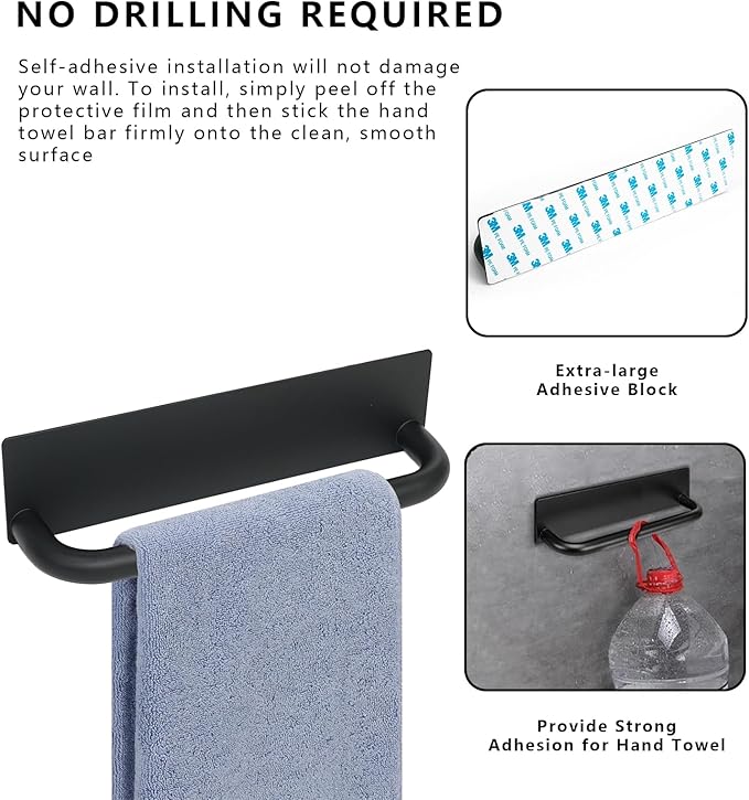 Stainless Steel Adhesive Towel Holder - Peel and Stick, No Drill Waterproof Hand Towel Rack for Bathroom, Kitchen - Self-Adhesive Command Strip, Durable and Easy to Install, 9 Inch Black