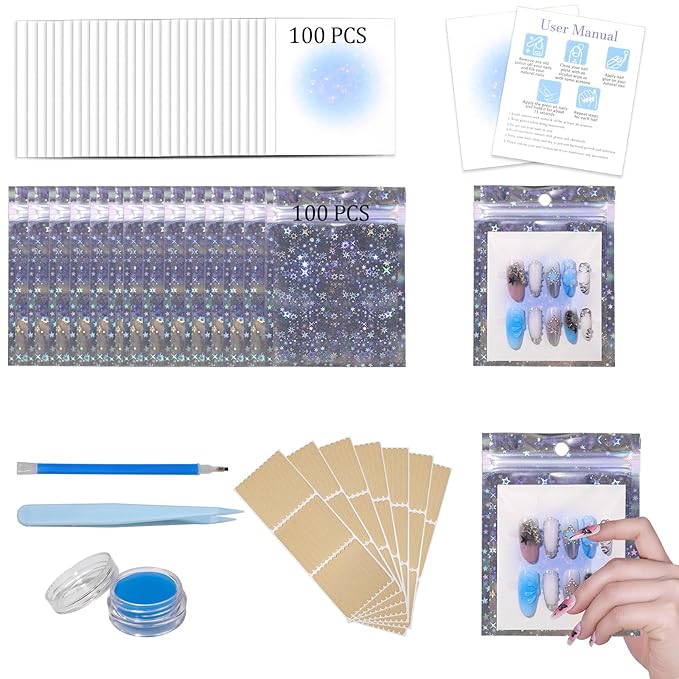 100PCS Press on Nail Packaging Bag, 100PCS Display Card with 231 Pcs Pre-cut Adhesive Tape & Diamond Art Pens & Glue Clay & Tweezers, 6-in-1 Set for Nail Display (Laser star)