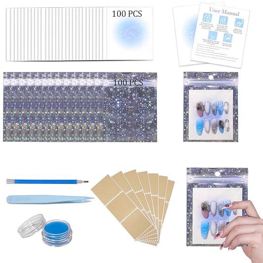 100PCS Press on Nail Packaging Bag, 100PCS Display Card with 231 Pcs Pre-cut Adhesive Tape & Diamond Art Pens & Glue Clay & Tweezers, 6-in-1 Set for Nail Display (Laser star)