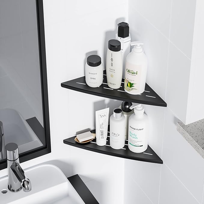 Qeke Corner Shower Shelf Matte Black, 304 Stainless Steel 11.5” Recessed Corner Shelf Bathroom for Tiled Wall, Floating Shower Shelves Shampoo Holder, No Drilling, 2 Pack