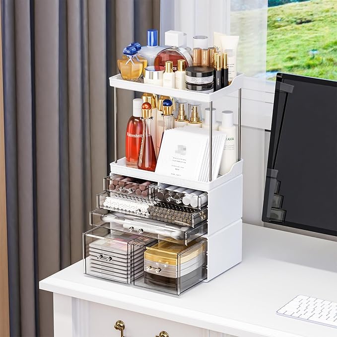Yieach Bathroom Counter Organizers and Storage,White Acrylic Makeup Organizers with Drawers for Vanity,Bedroom,Plastic Skincare Organizer for Dresser Top Beauty,Cosmetic,Lotion and Perfume Organizer