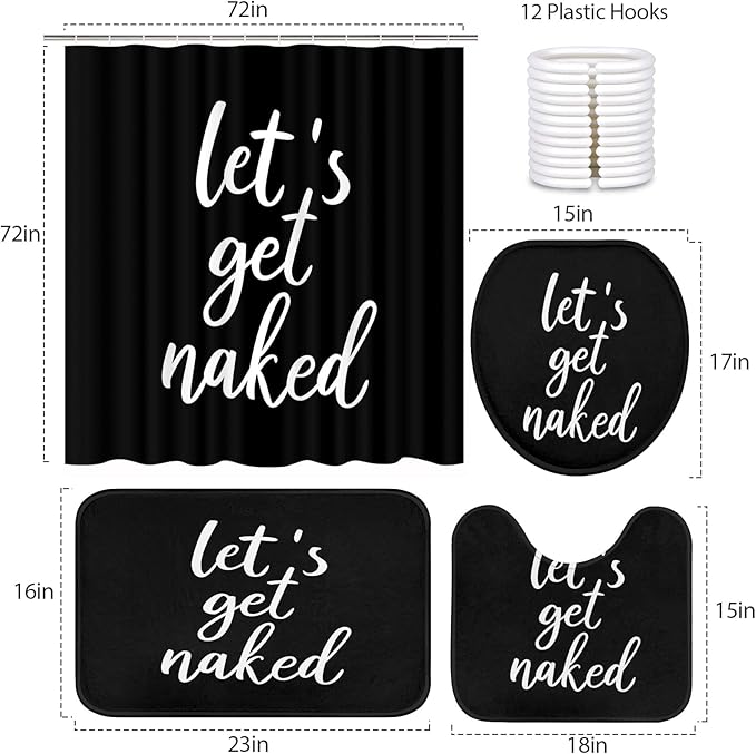 ArtSocket 4PC Shower Curtain Set with Rugs, Let's Get Naked Bathroom Set with Non-Slip Rug, Toilet Lid Cover, Bath Mat and 12 Hooks 72x72 inches
