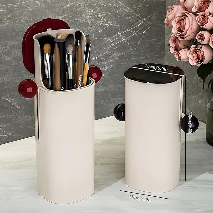 Atlodas Automatic Lifting Dustproof Four-compartment Makeup Brush Storage Tube, Makeup Brush Holder Organizer with Lid, Cosmetics Holders Storage for Vanity Desktop Bathroom (black)