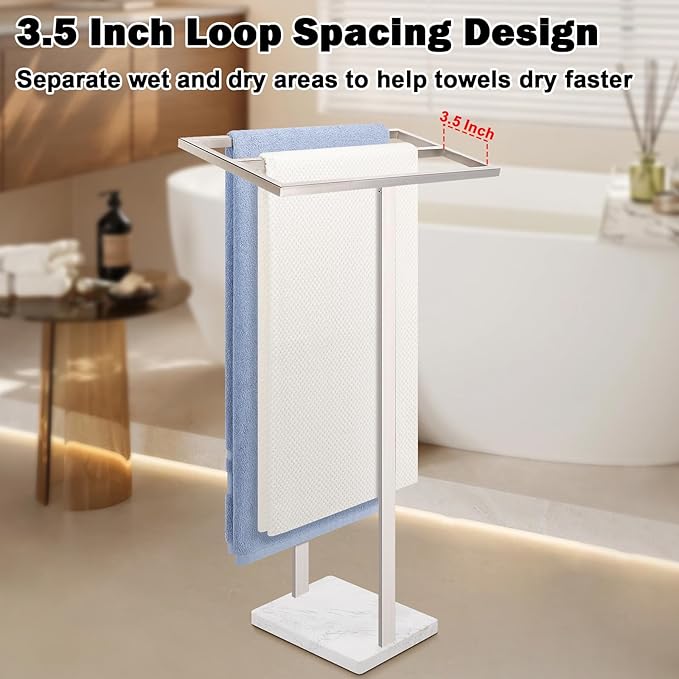 Livabber Standing Towel Rack, 304 Stainless Steel 2 Tier Towel Holder Stand with Heavy Marble Base, Stylish Floor Towels Bar for Bathroom Accessories, Laundry Room, Pool (Brushed Nickel)