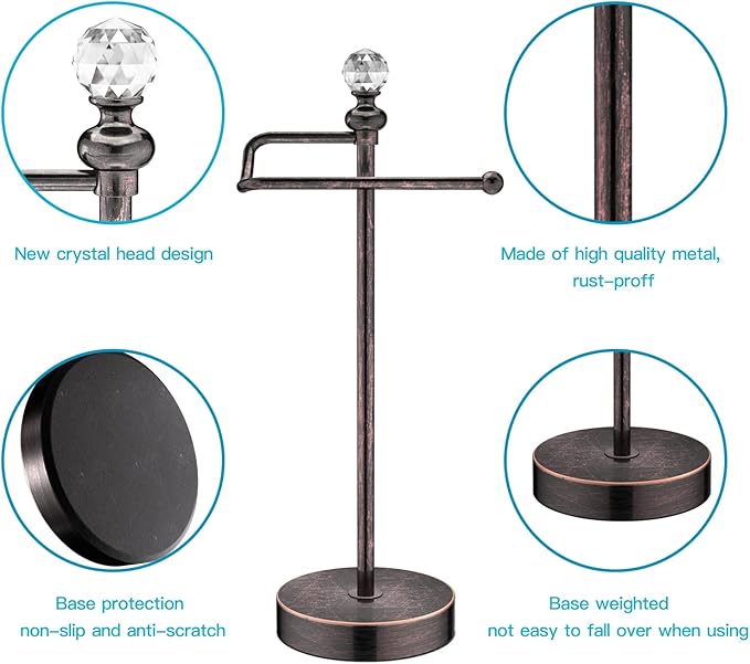 ROLABAM Heavy Weighted Hand Towel Holder(with Crystal Ball) Standing Hand Towel Holder Total Height 15.7'' for Kitchen,Bathroom,Vanity,Classic Decorative Metal Hand Towel Stand,Oil Rubbed Bronze