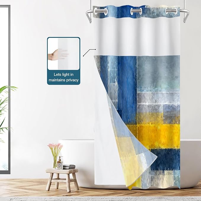 Shrahala Brown Abstract Art No Hooks Shower Curtain with Snap in Liner Set, Grey Contemporary Colorful Bathroom Décor Polyester Fiber Waterproof for Stall Bathtubs 35.5 X 74 in